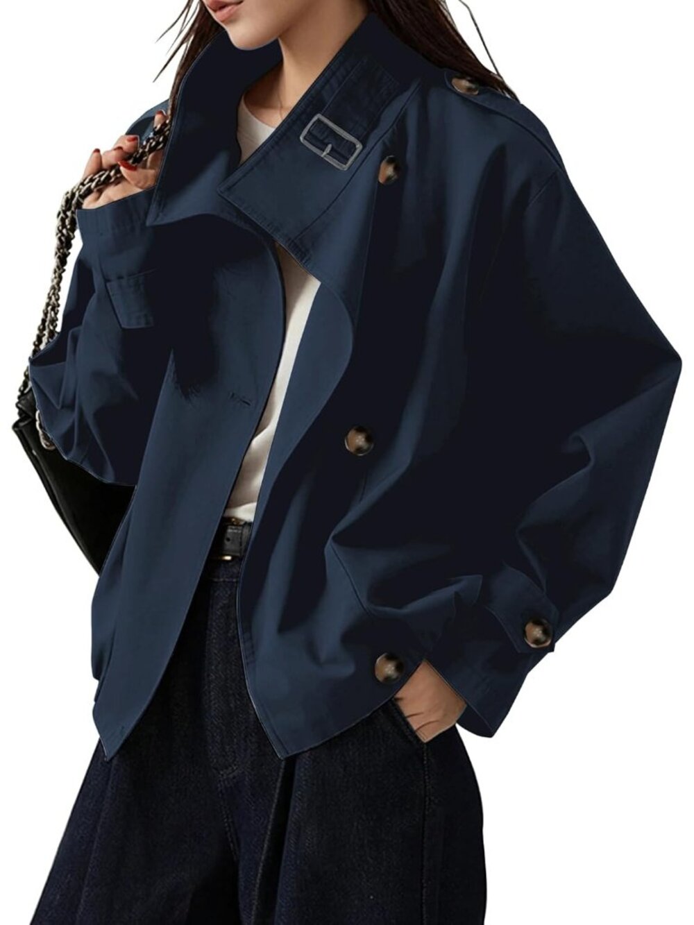 Women's Navy Retro Oversized Funnel Neck Pocket Windbreaker Cropped Trench Coat